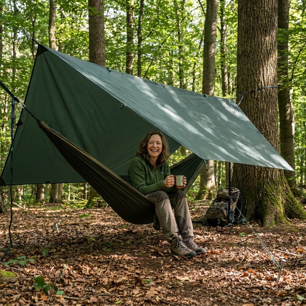 A hammock campsite with a large tarp pitched above a hammock between two trees, with guylines staked into leaf-covered ground in a dense forest