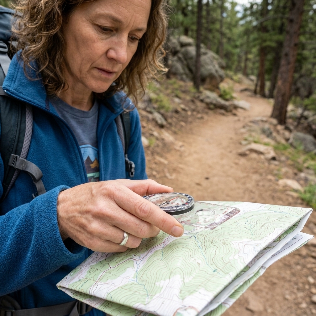 A hand holding a baseplate compass over a folded topographic map on a trail, with a backpack partially visible