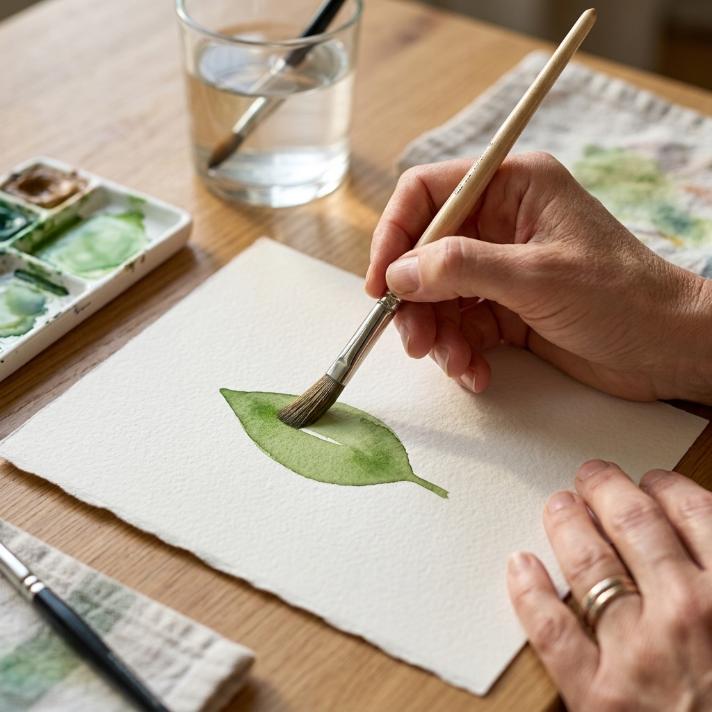 A hand painting a simple green leaf shape on dry watercolor paper with a round brush, showing a crisp edge and even color