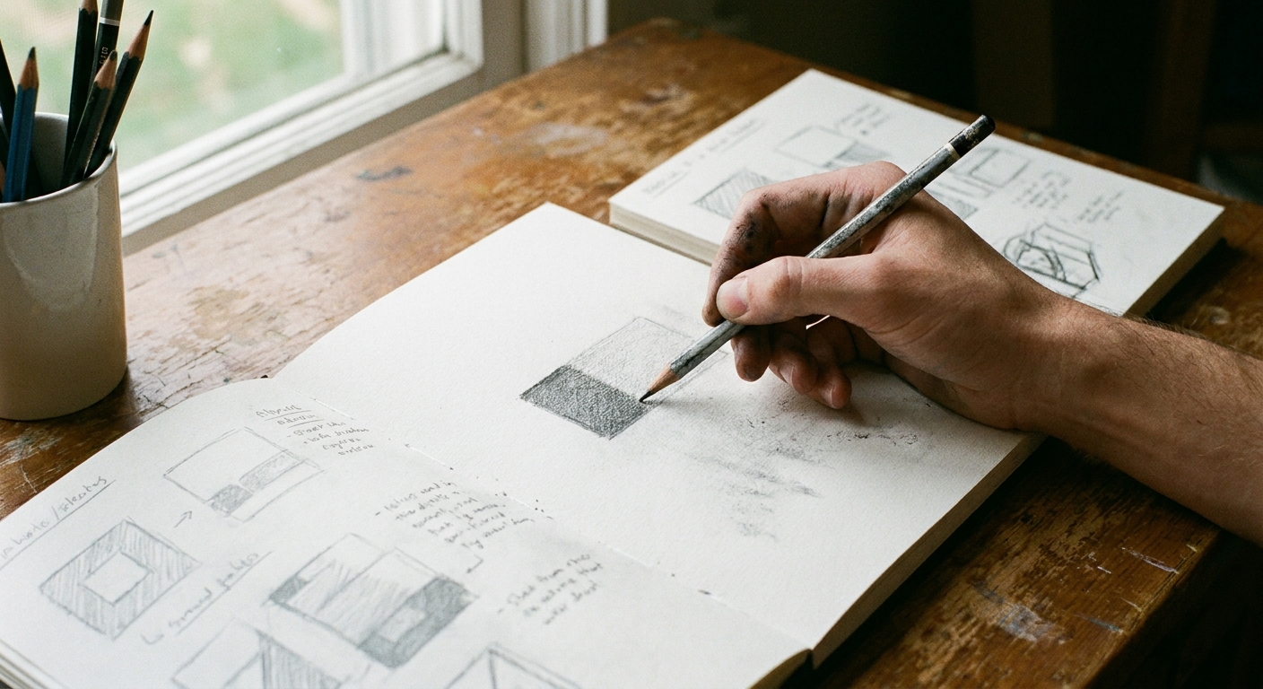 A hand shading a small rectangle in a sketchbook with a pencil