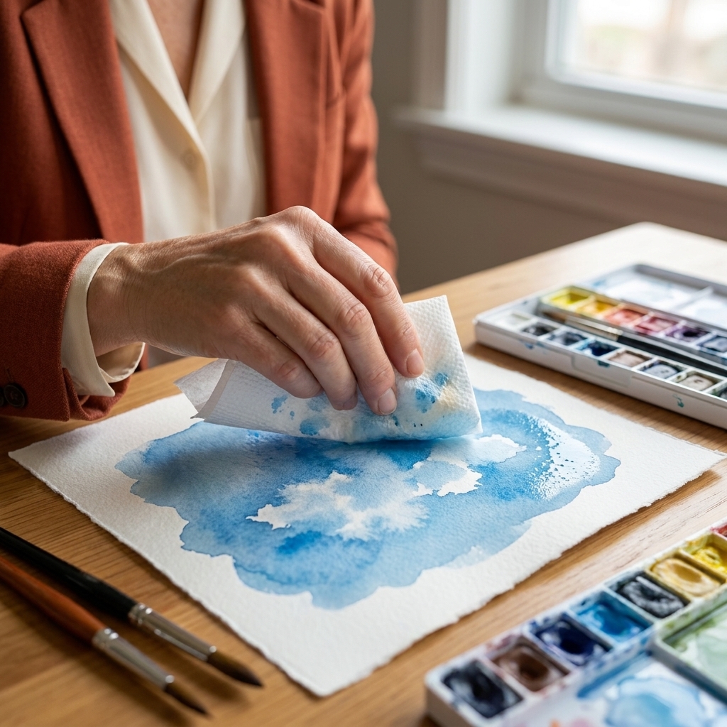 A hand using the corner of a paper towel to lift wet watercolor paint from a blue wash, creating a lighter cloud-like highlight