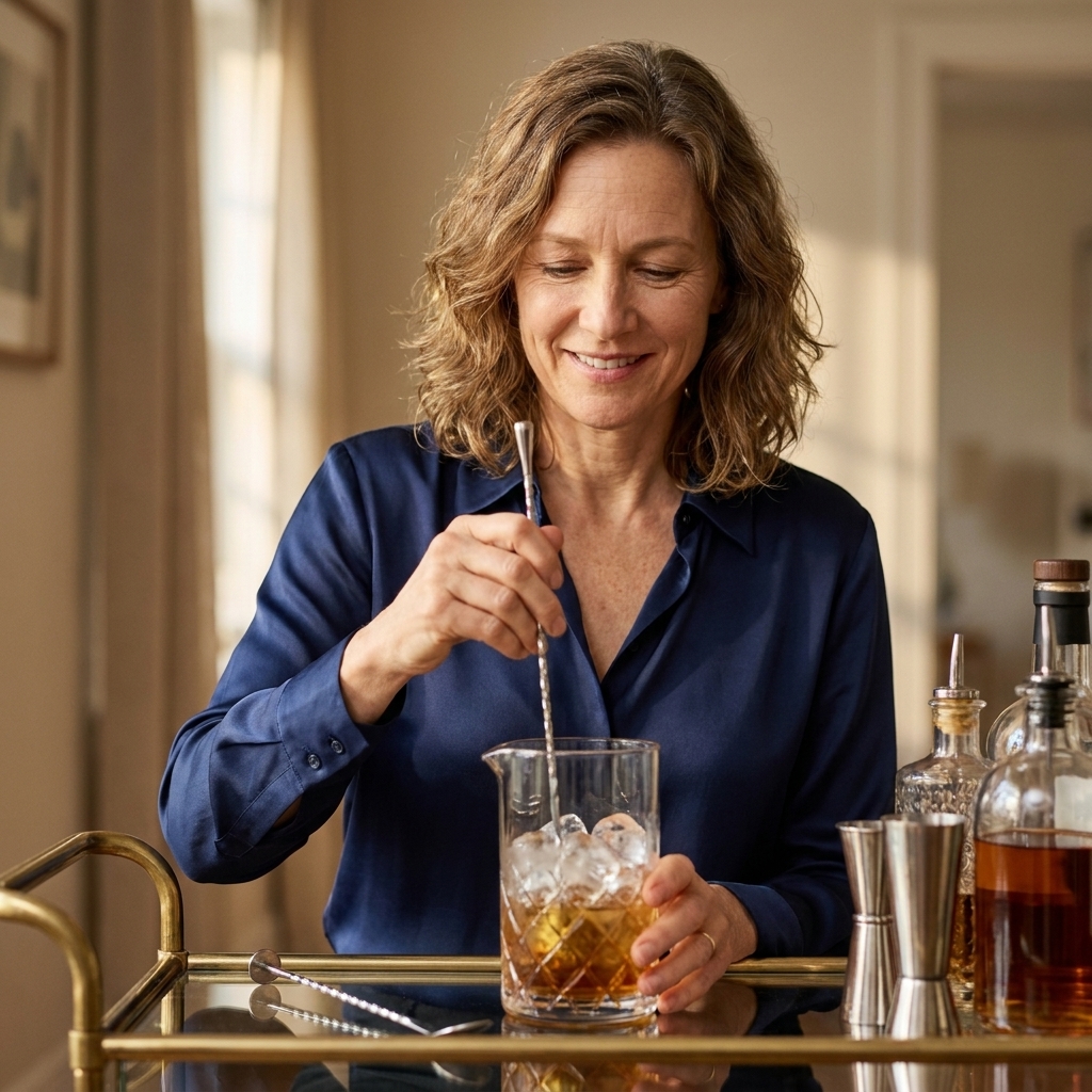 A heavy mixing glass filled with ice and amber liquid on a bar cart with a bar spoon resting inside