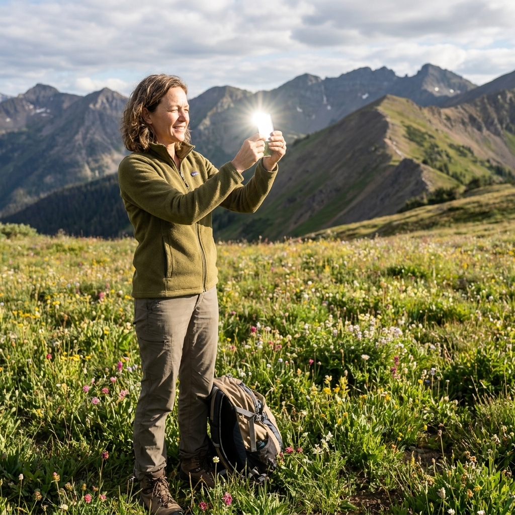 A hiker standing in an open meadow using a small signal mirror to reflect sunlight toward a distant ridgeline, with mountains in the background