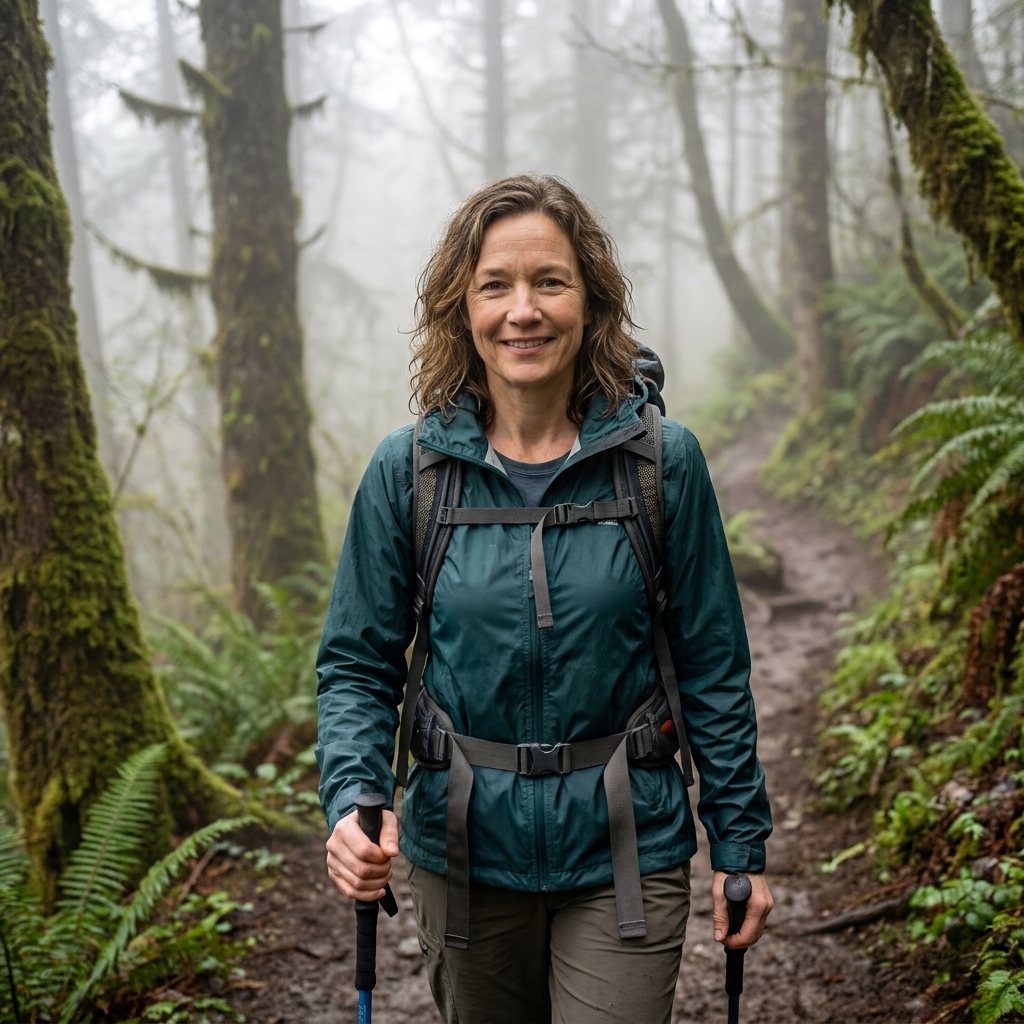 A hiker wearing a lightweight rain jacket and a backpack while walking on a misty forest trail