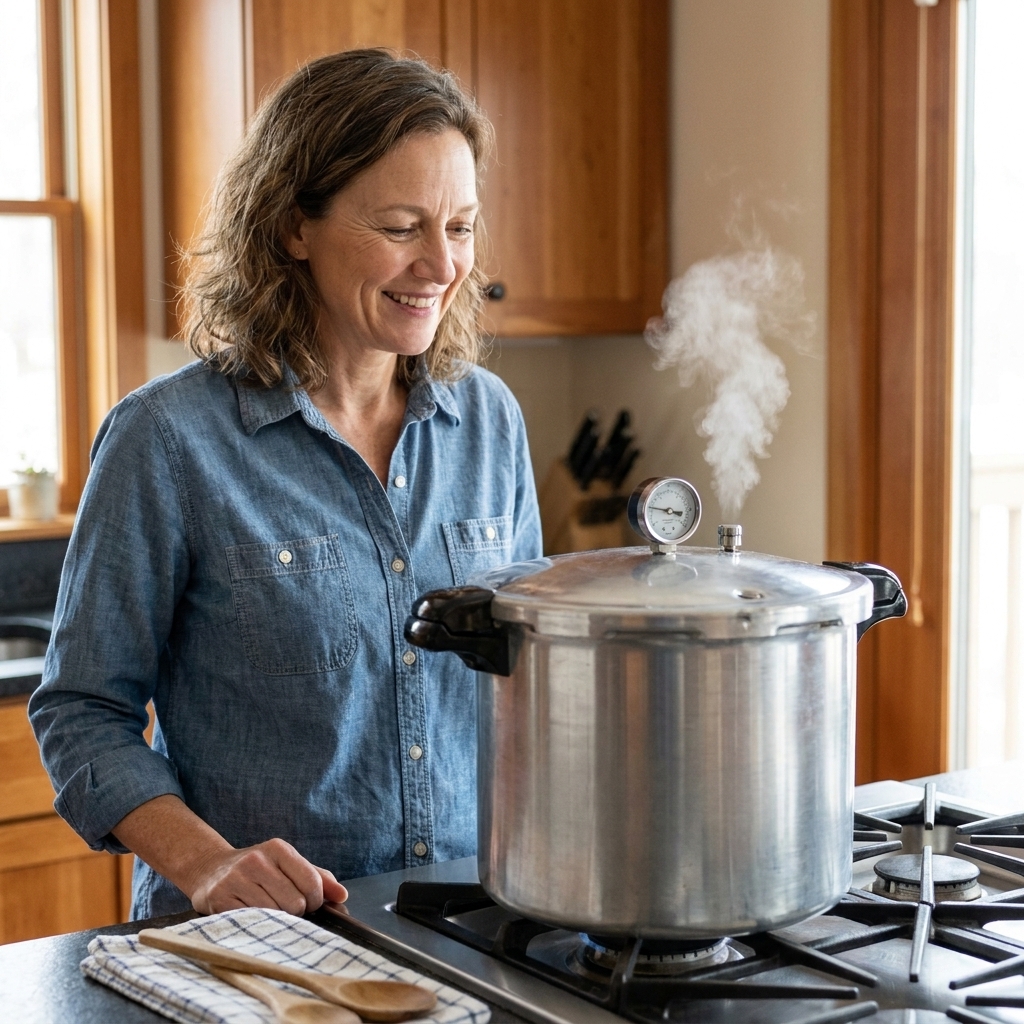 A home pressure canner on a stovetop with a weighted gauge on the lid and light steam venting, kitchen setting