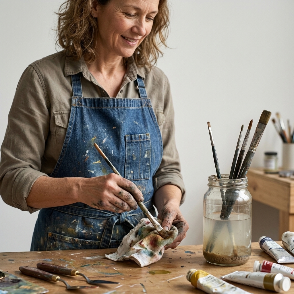 A jar of cloudy solvent on a workbench with oil paintbrushes being wiped clean on a rag under soft studio lighting