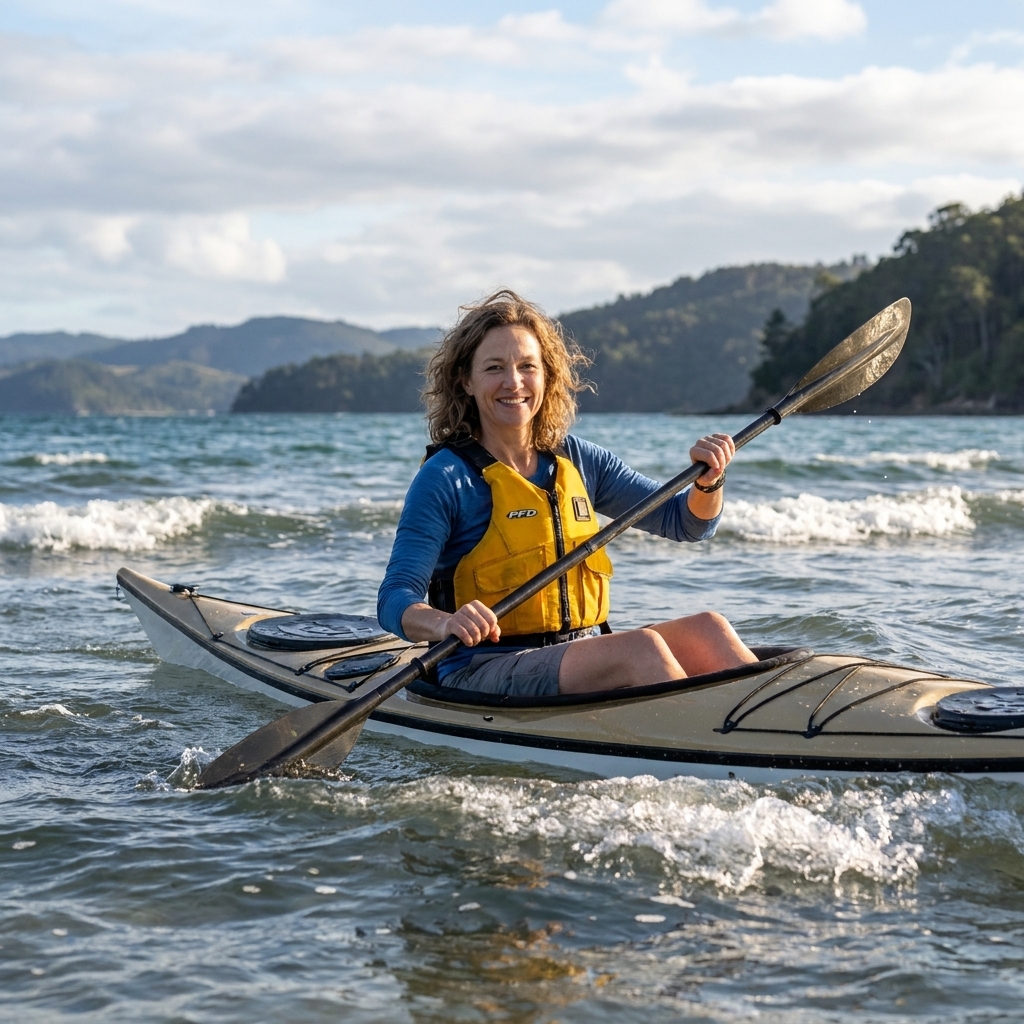 A kayaker paddling across a breezy bay with small waves, wearing a life jacket and holding a double-bladed paddle