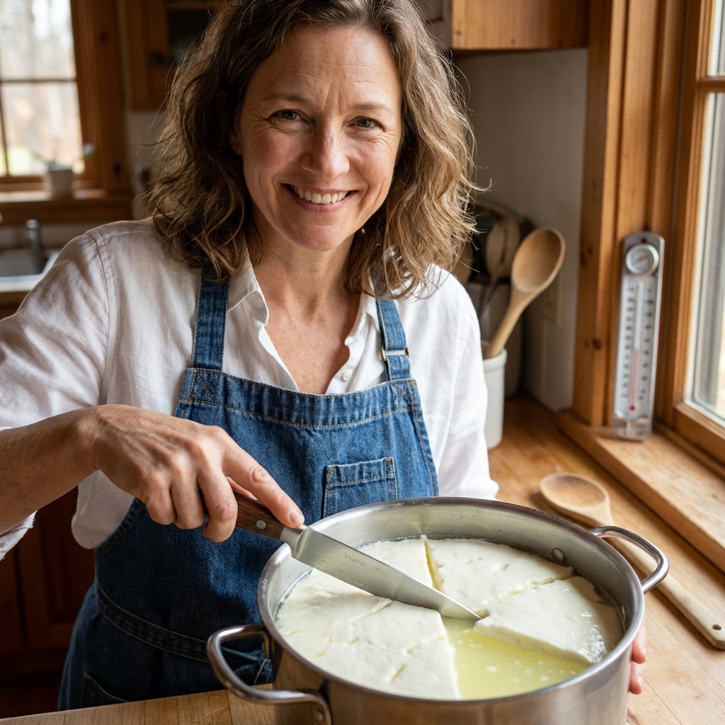 A knife cutting into set mozzarella curd in a pot, showing a clean split with pale yellow whey
