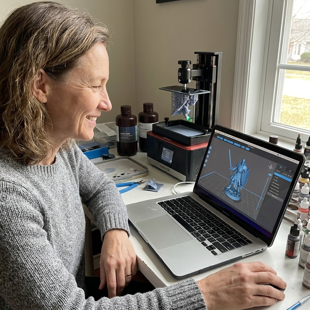 A laptop displaying a 3D miniature model preview while a resin printer sits in the background on a hobby desk