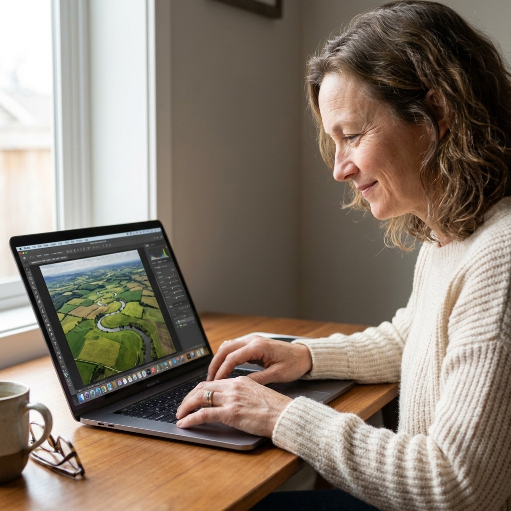 A laptop on a desk showing a photo editing program with an aerial landscape image on screen, hands resting on the keyboard mid-edit