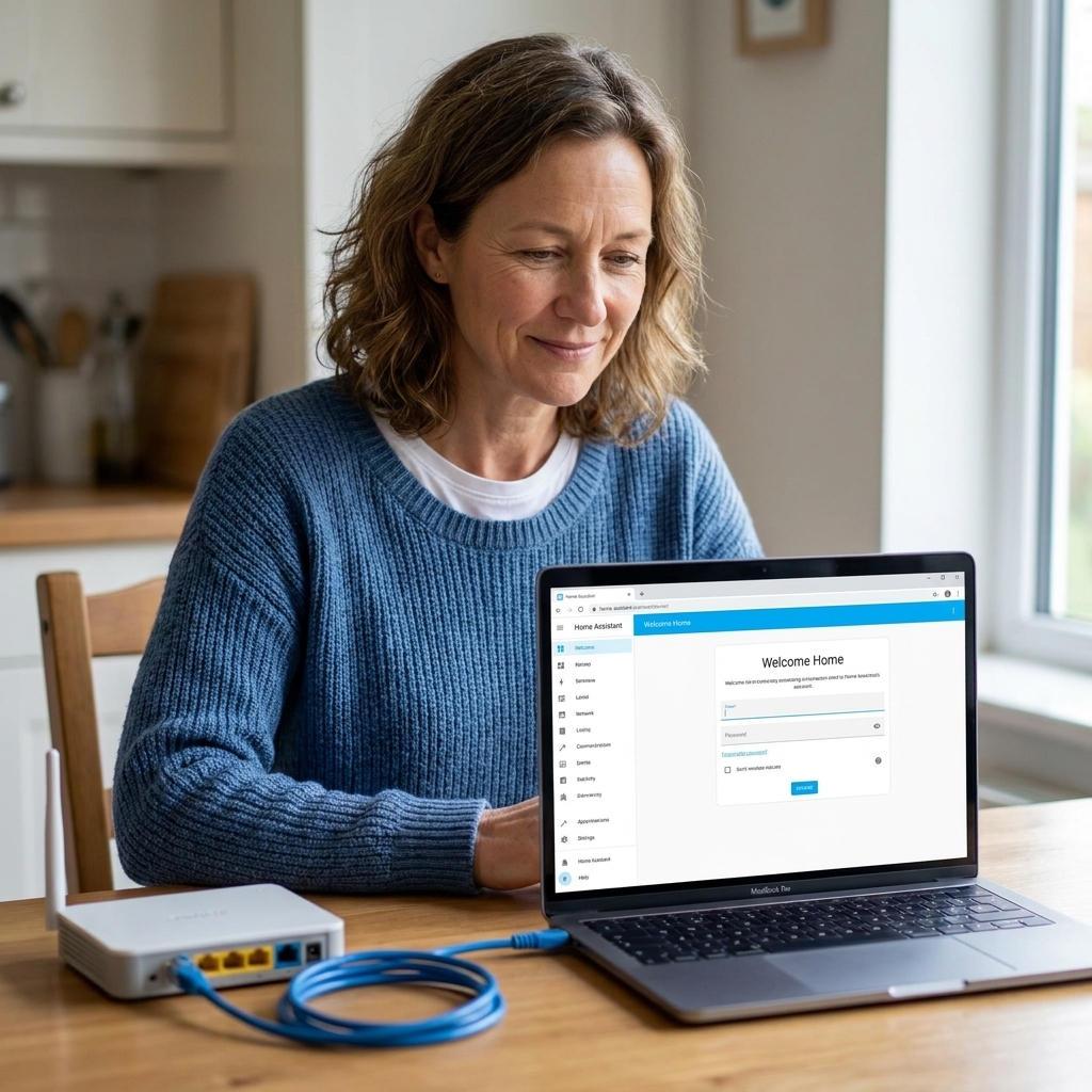 A laptop on a kitchen table showing the Home Assistant web dashboard during first-time setup, with a router and Ethernet cable nearby