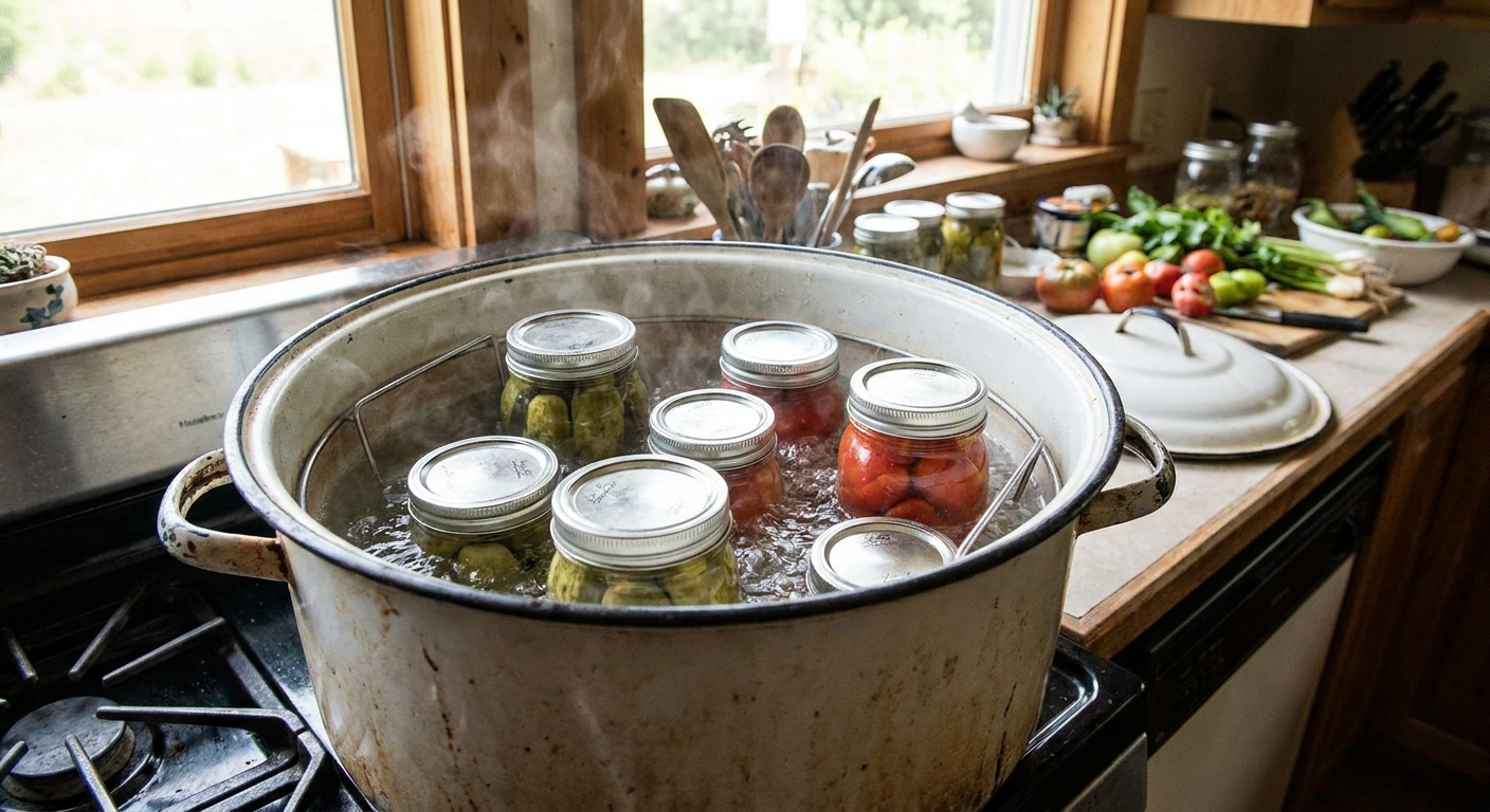 A large pot on a stovetop with a canning rack and several mason jars fully submerged in simmering water.