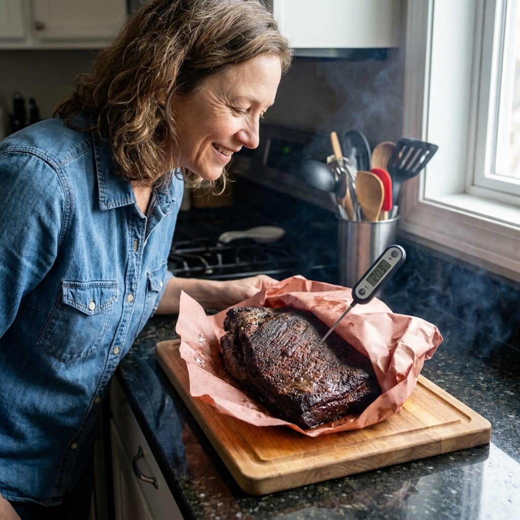 A large smoked cut of meat resting on a counter wrapped in unprinted butcher paper next to a digital thermometer
