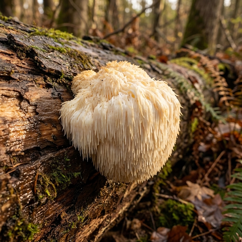 A lion’s mane mushroom fruiting from the side of a hardwood log in a damp forest