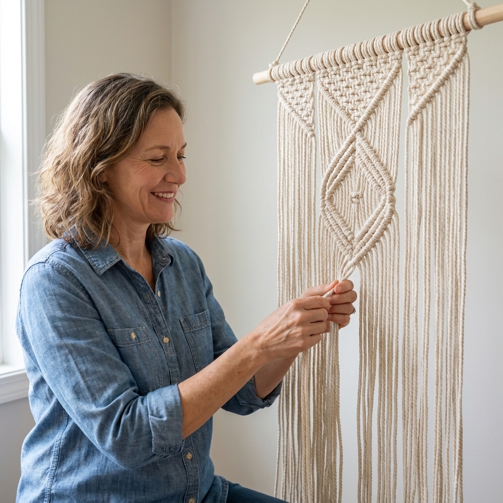 A macrame wall hanging in progress with diagonal double half hitch knot lines forming a centered diamond shape