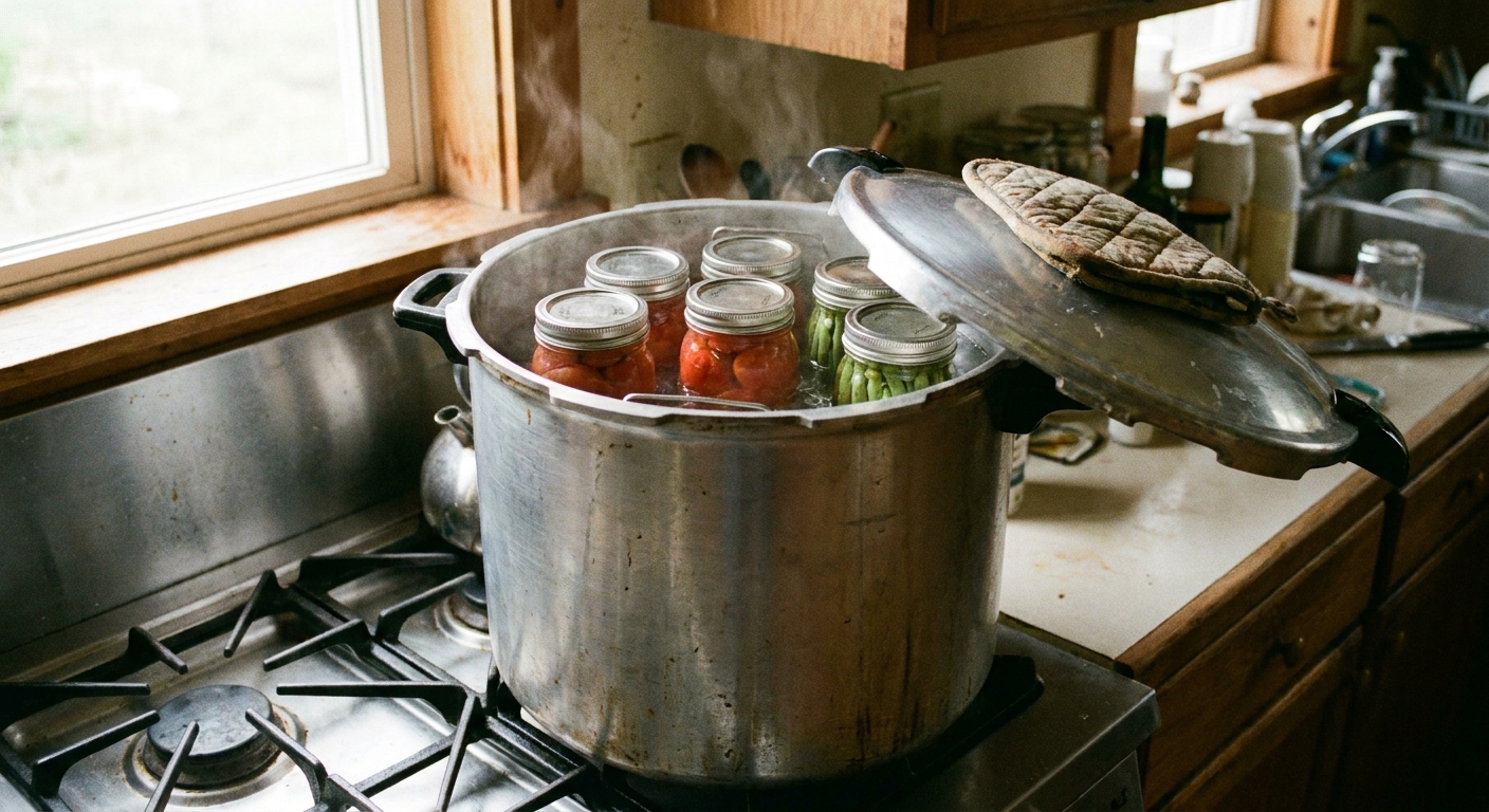 A metal pressure canner with a locking lid sitting on a stovetop, with canning jars visible inside the open canner.