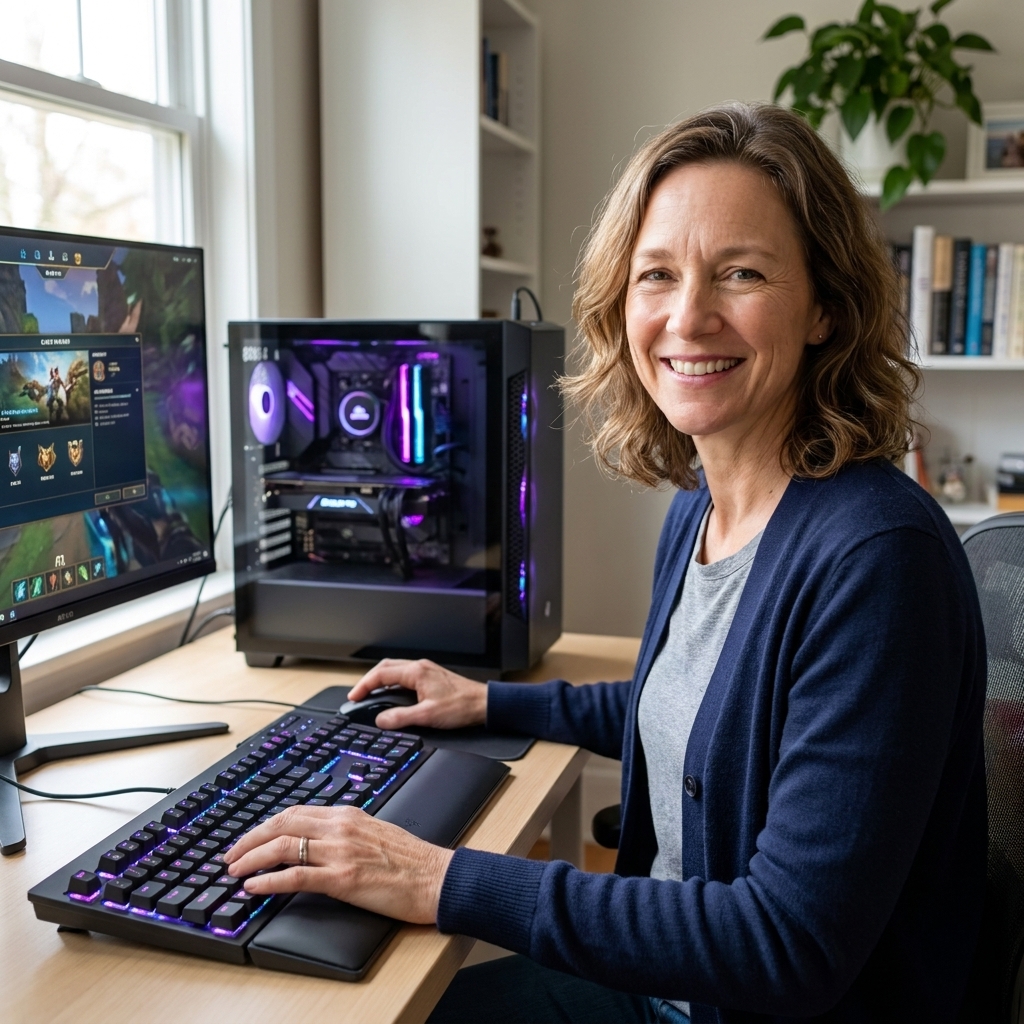 A mid-tower gaming PC with subtle RGB lighting on a desk next to a monitor, keyboard, and mouse in a home office