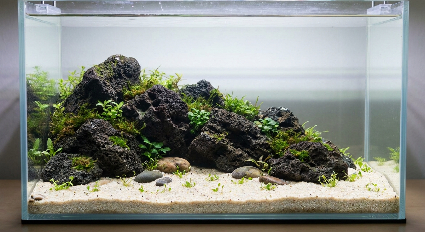 A nano aquarium aquascape featuring porous rocks arranged into a small ridge with open foreground space for planting