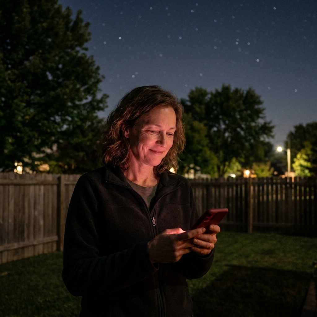 A nighttime photograph of a person holding a smartphone with a dim red screen while standing under a starry sky near a quiet suburban backyard