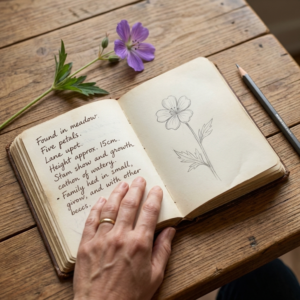 A notebook open on a wooden table next to a freshly picked fallen wildflower and a pencil, showing handwritten observations and a simple sketch