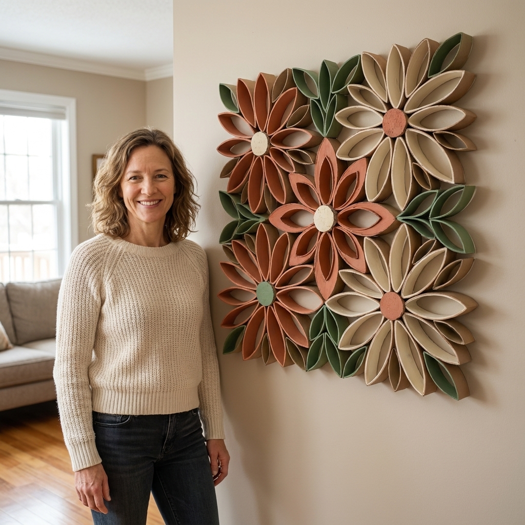 A painted cardboard tube wall art piece shaped like a floral pattern hanging on a neutral living room wall