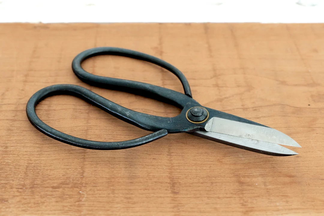 A pair of small bonsai pruning scissors resting beside a shallow bonsai pot on a wooden table