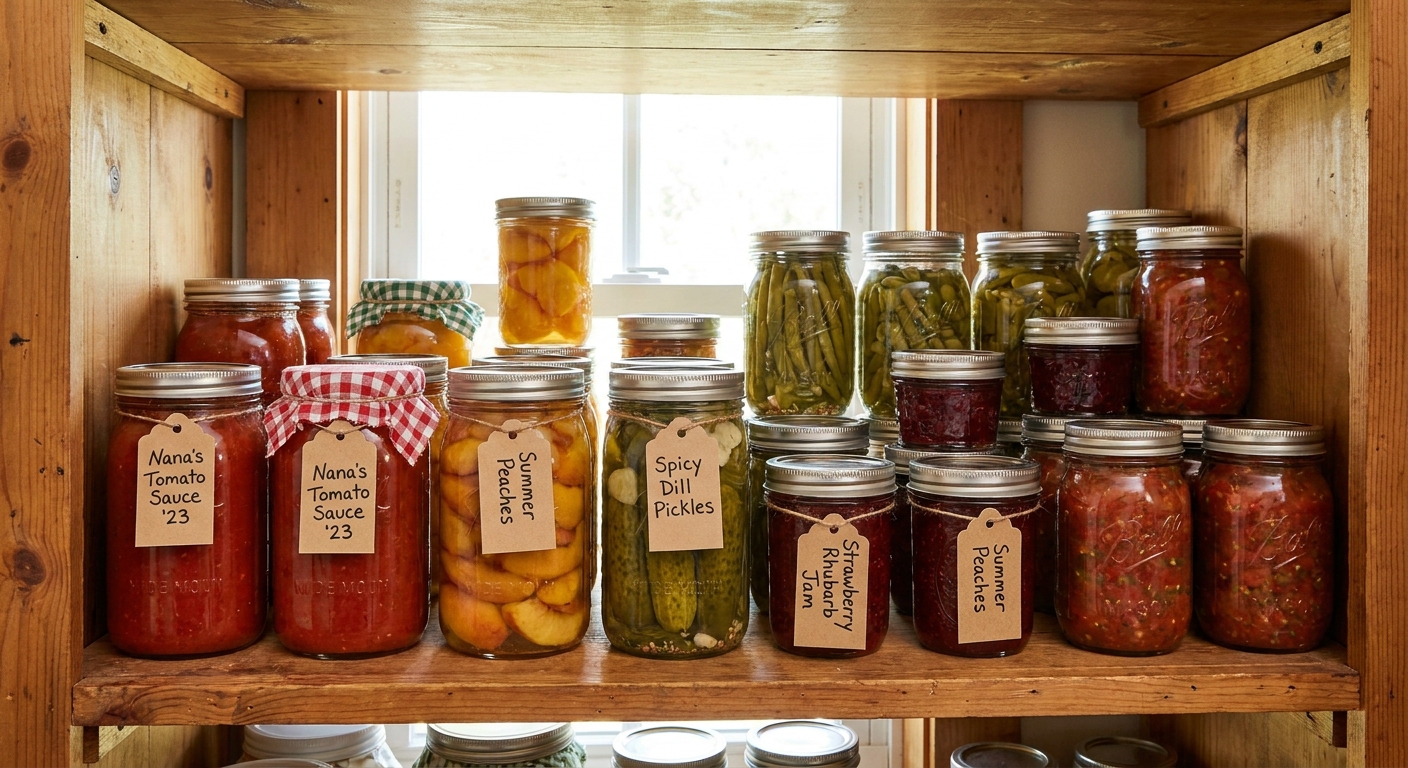 A pantry shelf lined with neatly labeled mason jars filled with home-canned food.