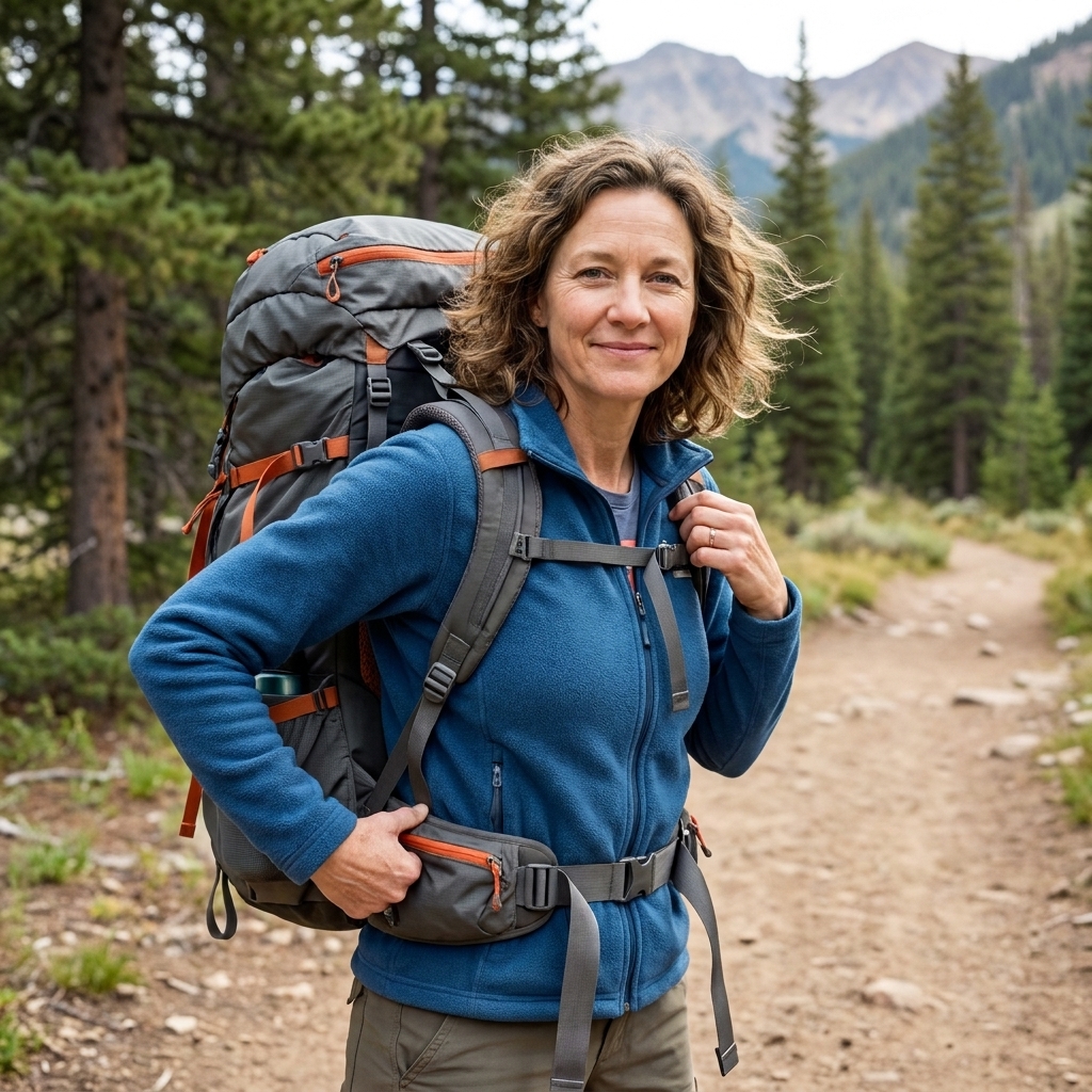 A person adjusting the hip belt and shoulder straps of a loaded backpacking pack at a trailhead