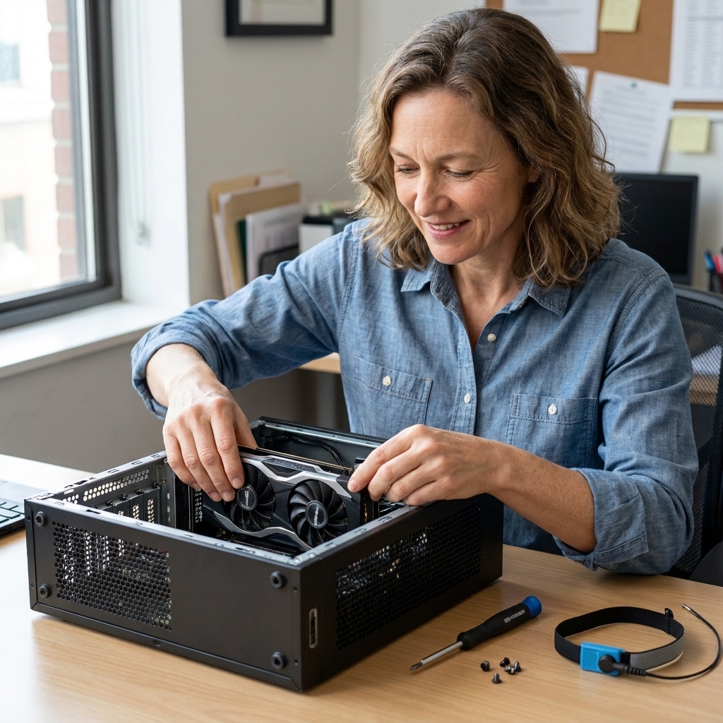 A person carefully installing a graphics card into a desktop PC case on a desk with tools nearby