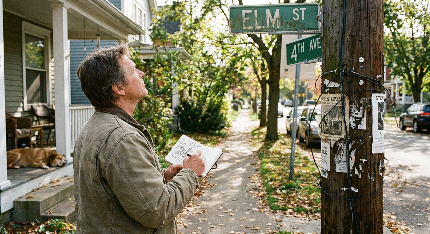 A person drawing a street sign and nearby utility pole in a small sketchbook while standing on a quiet neighborhood sidewalk