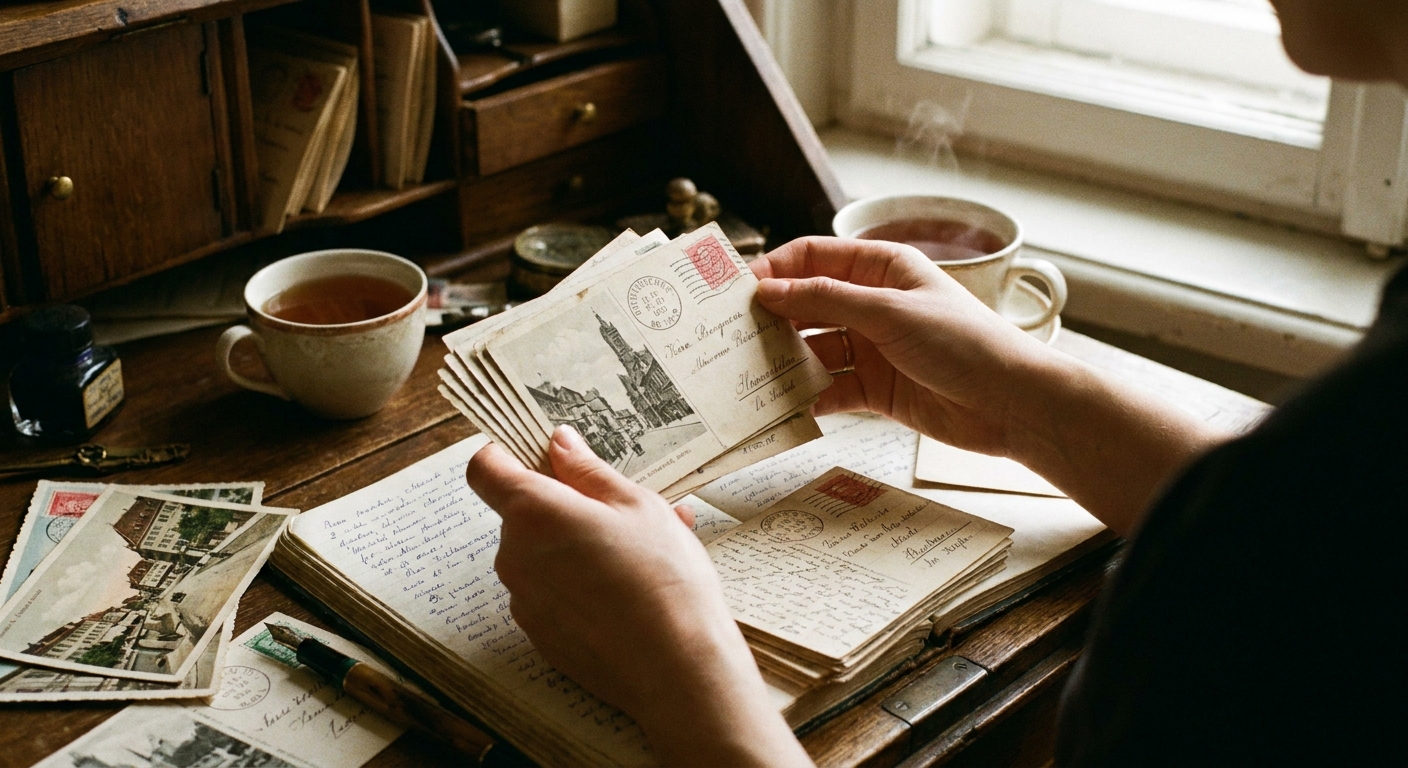 A person flipping through a small stack of vintage postcards at a writing desk with a notebook and a cup of tea nearby
