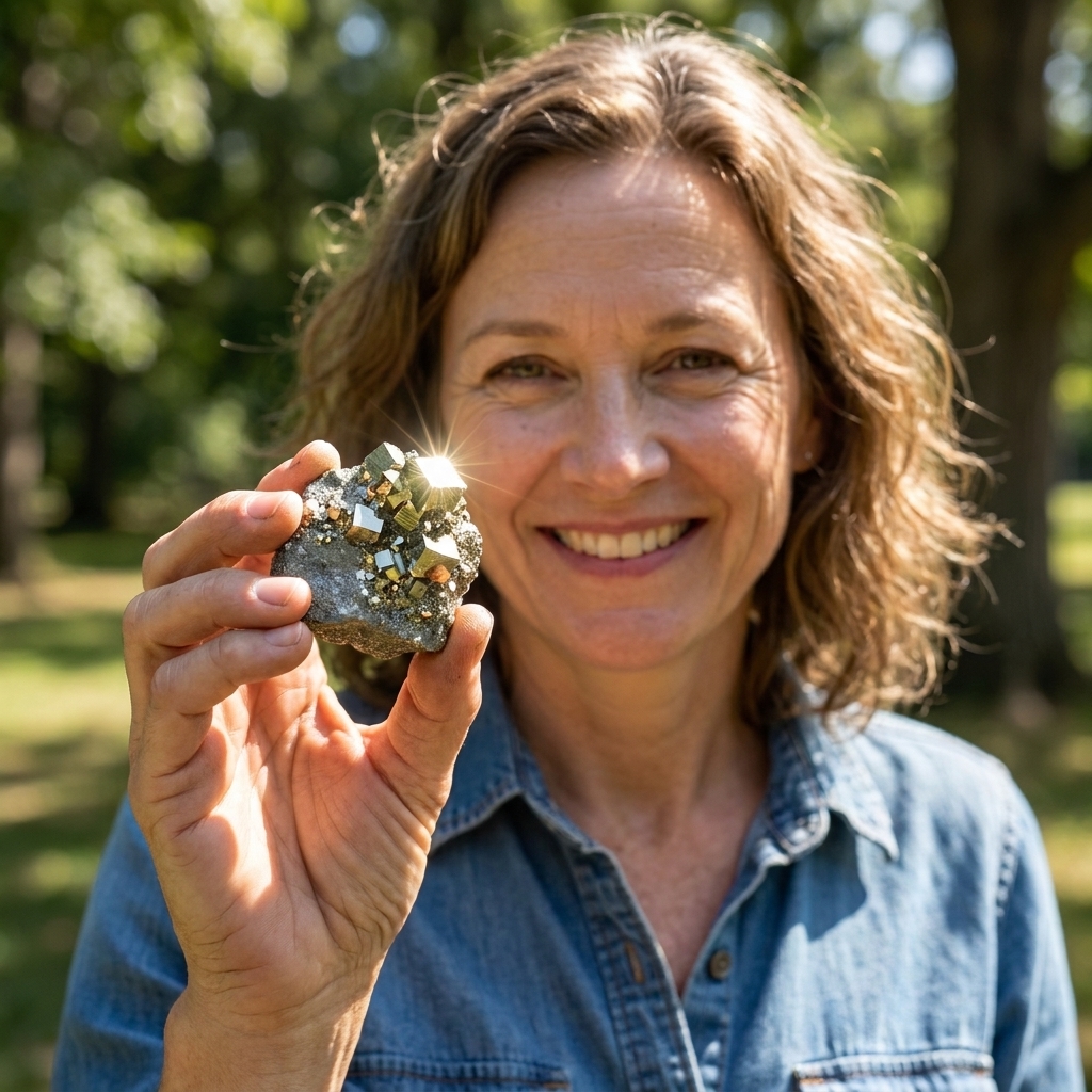 A person holding a small rock with bright brassy pyrite cube crystals sparkling in sunlight
