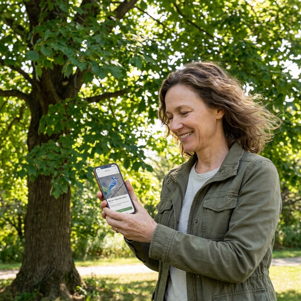 A person holding a smartphone outdoors with a bird identification app open while standing near a leafy tree