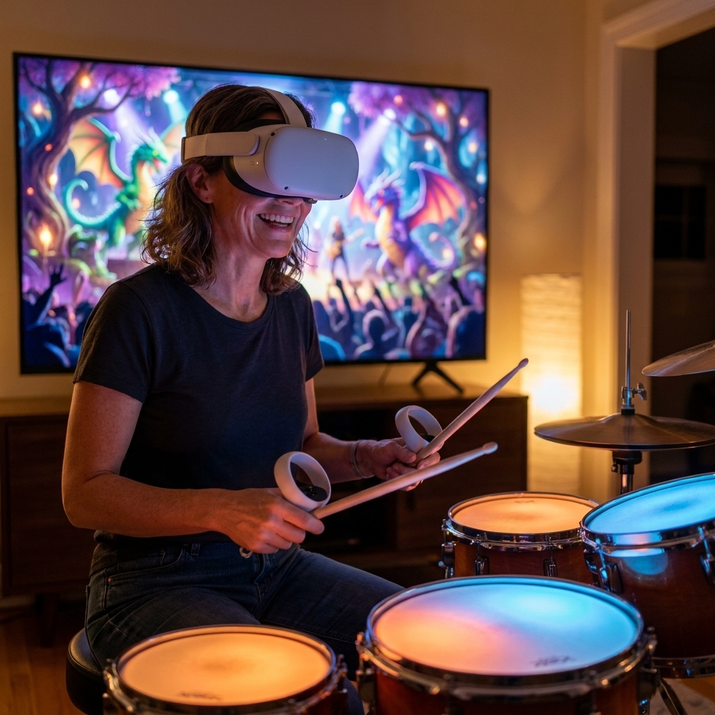 A person in a VR headset holding controllers like drumsticks while seated or standing at a virtual drum setup with a vivid fantasy concert scene