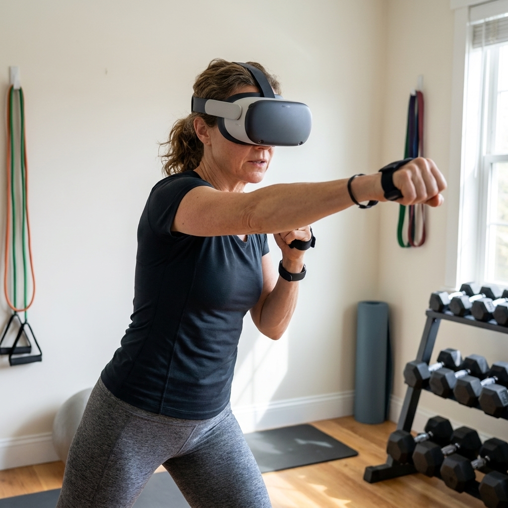 A person in a VR headset throwing a punch forward with a focused stance in a home workout space