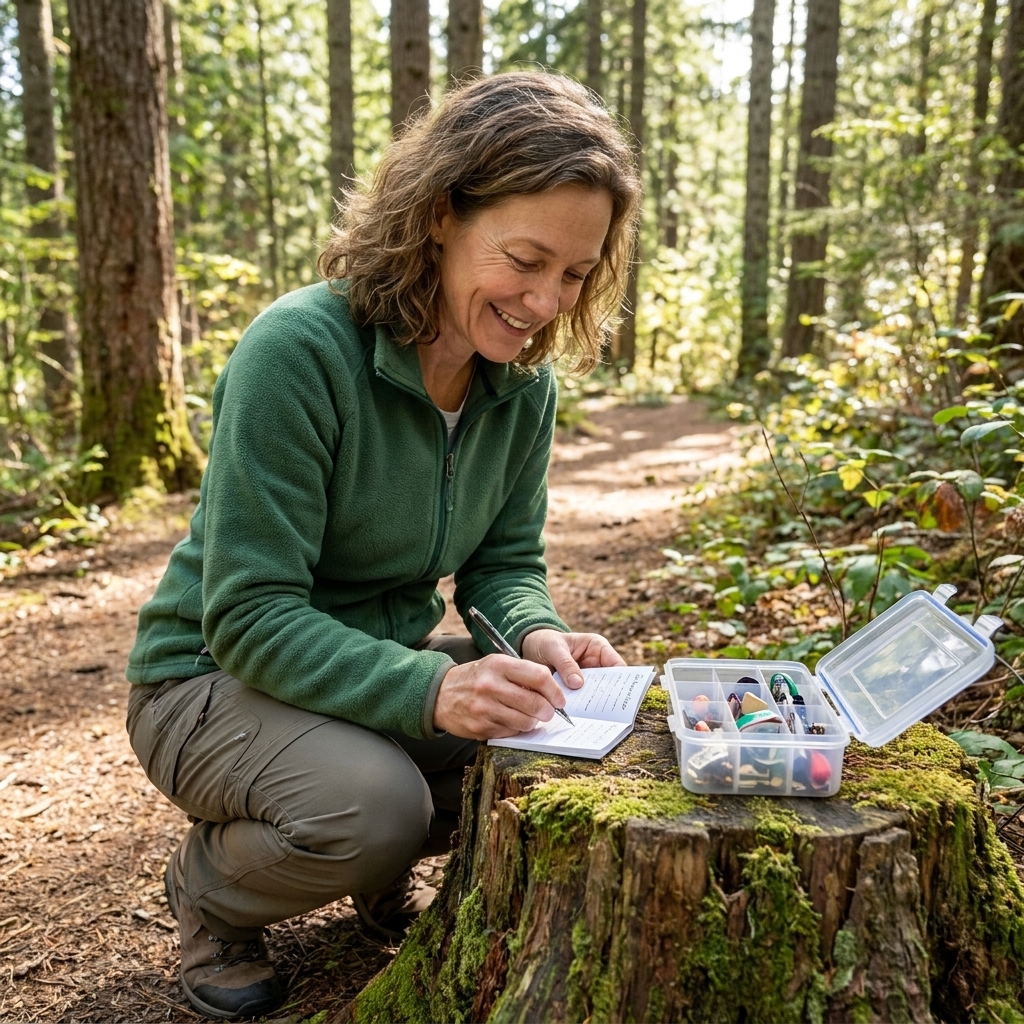 A person kneeling on a trail signing a small paper logbook next to an open plastic geocache container on a tree stump