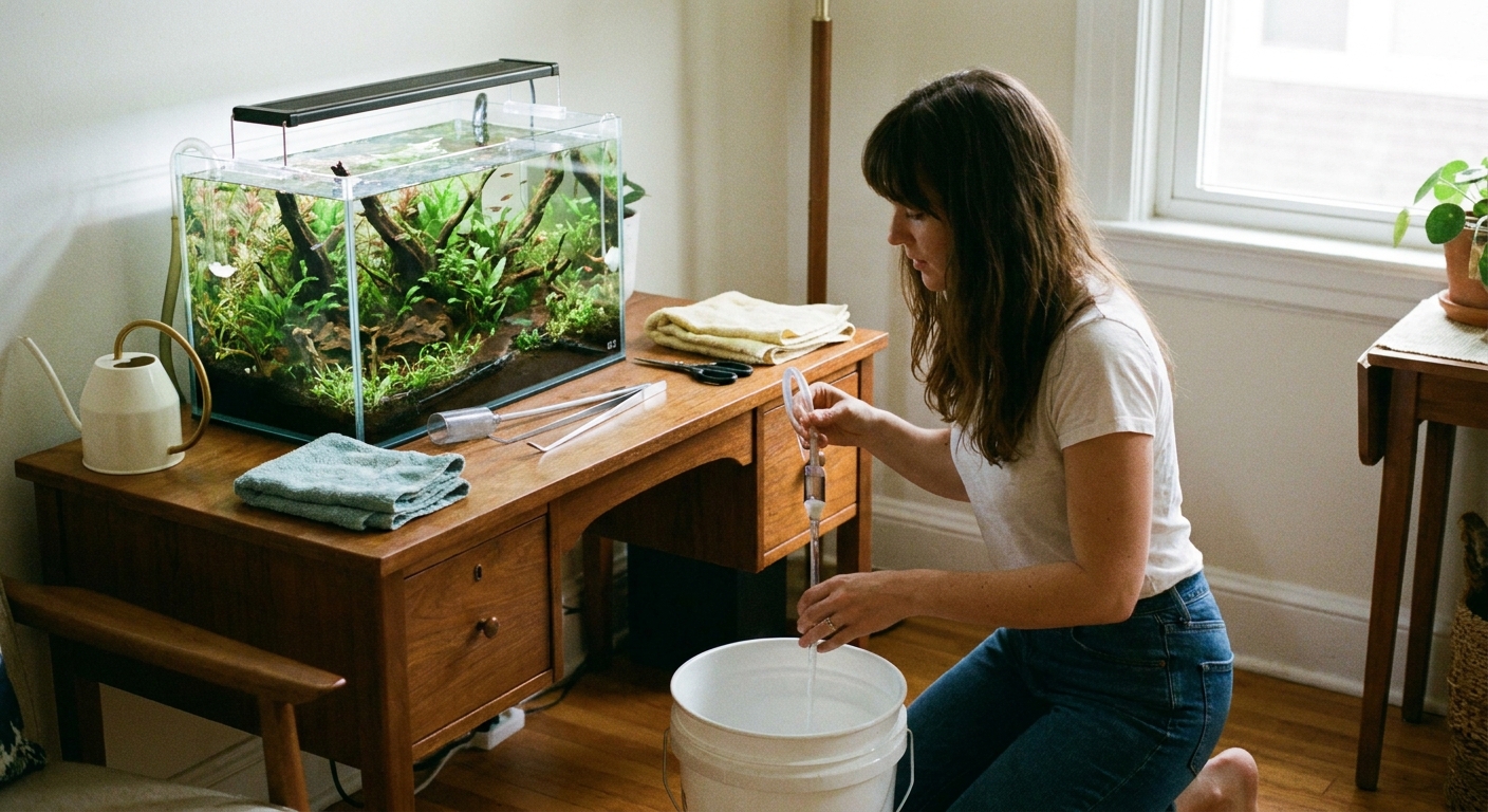A person performing a small water change on a nano planted aquarium using a siphon tube into a bucket beside the desk