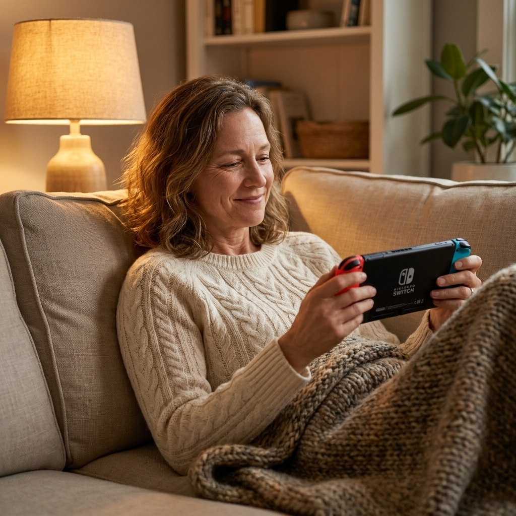 A person relaxing on a sofa holding a handheld game console with warm lamplight and a knit blanket nearby