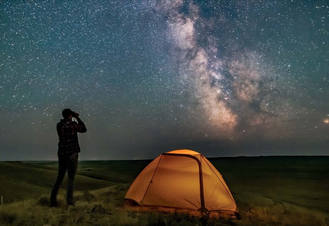 A person standing in a backyard at night holding binoculars up to the sky, with a few bright stars visible above a dark treeline