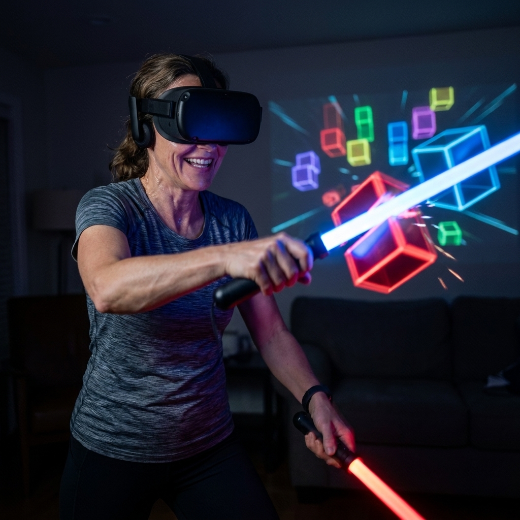 A person wearing a VR headset swinging two glowing controllers like sabers while colorful blocks fly toward them in a dark room