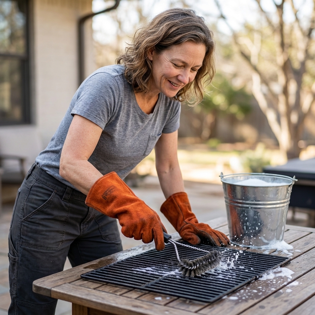 A person wearing heat-resistant gloves scrubbing smoker cooking grates on an outdoor table with a grill brush and a bucket of soapy water