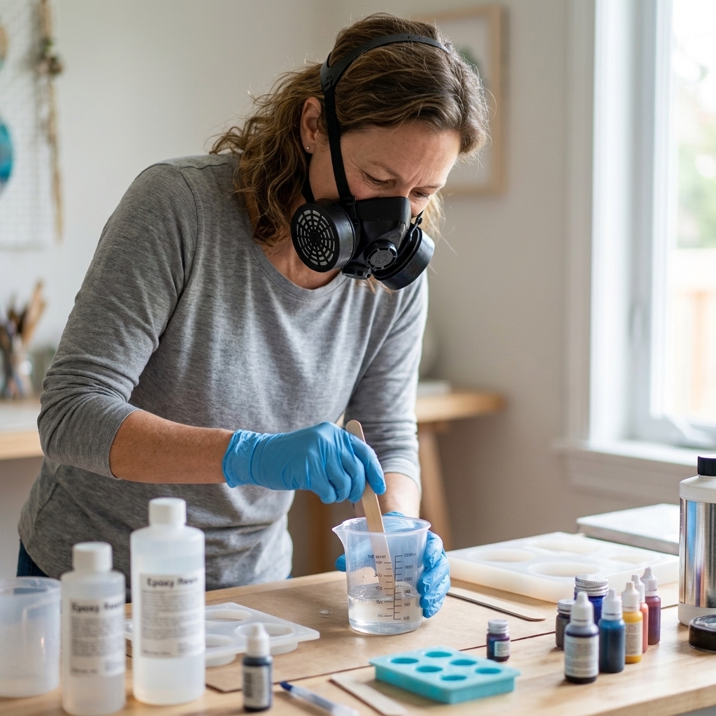 A person wearing nitrile gloves and an organic vapor respirator while preparing epoxy resin at a craft table