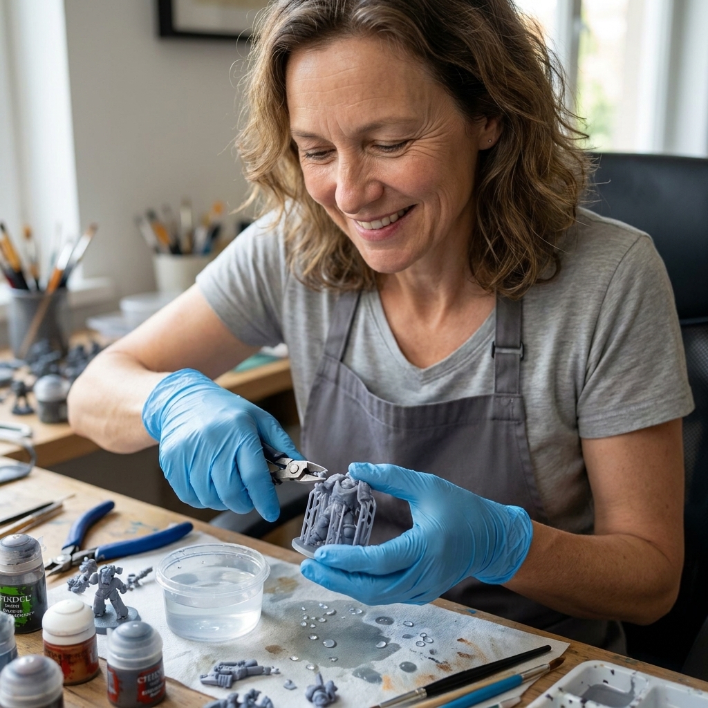 A person wearing nitrile gloves clipping supports from a freshly washed tabletop miniature using small hobby snips at a workbench