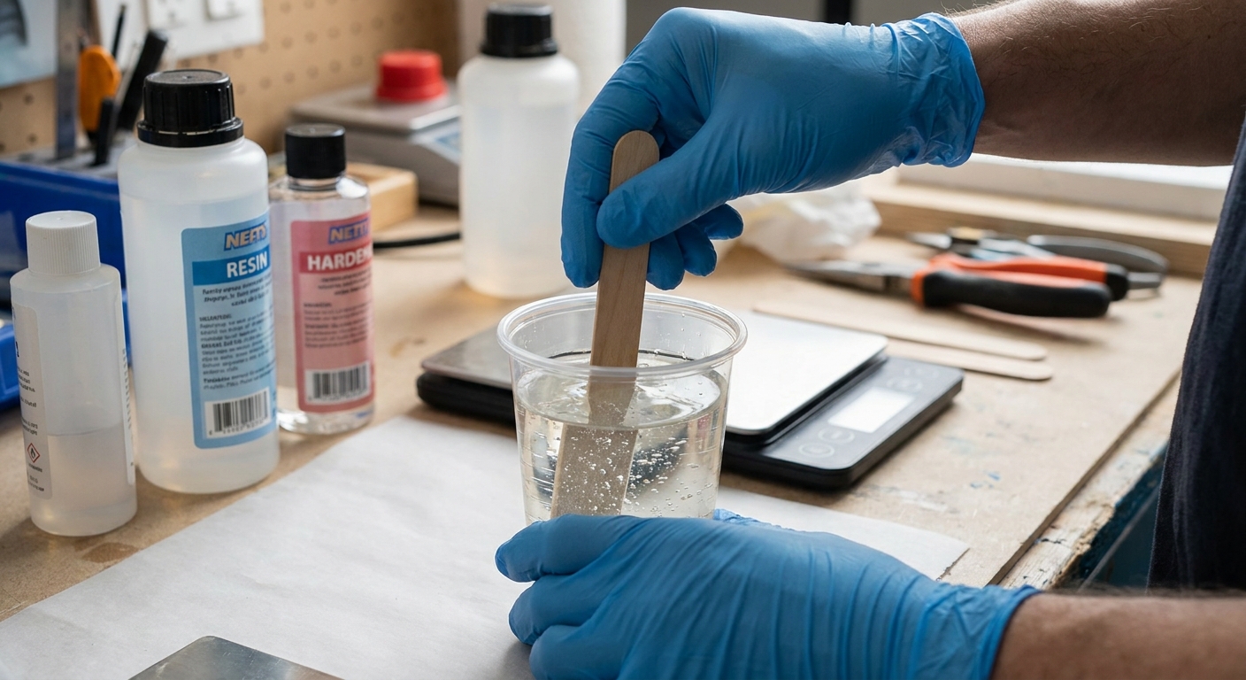 A person wearing nitrile gloves slowly stirs clear epoxy resin in a transparent mixing cup with a wooden stir stick