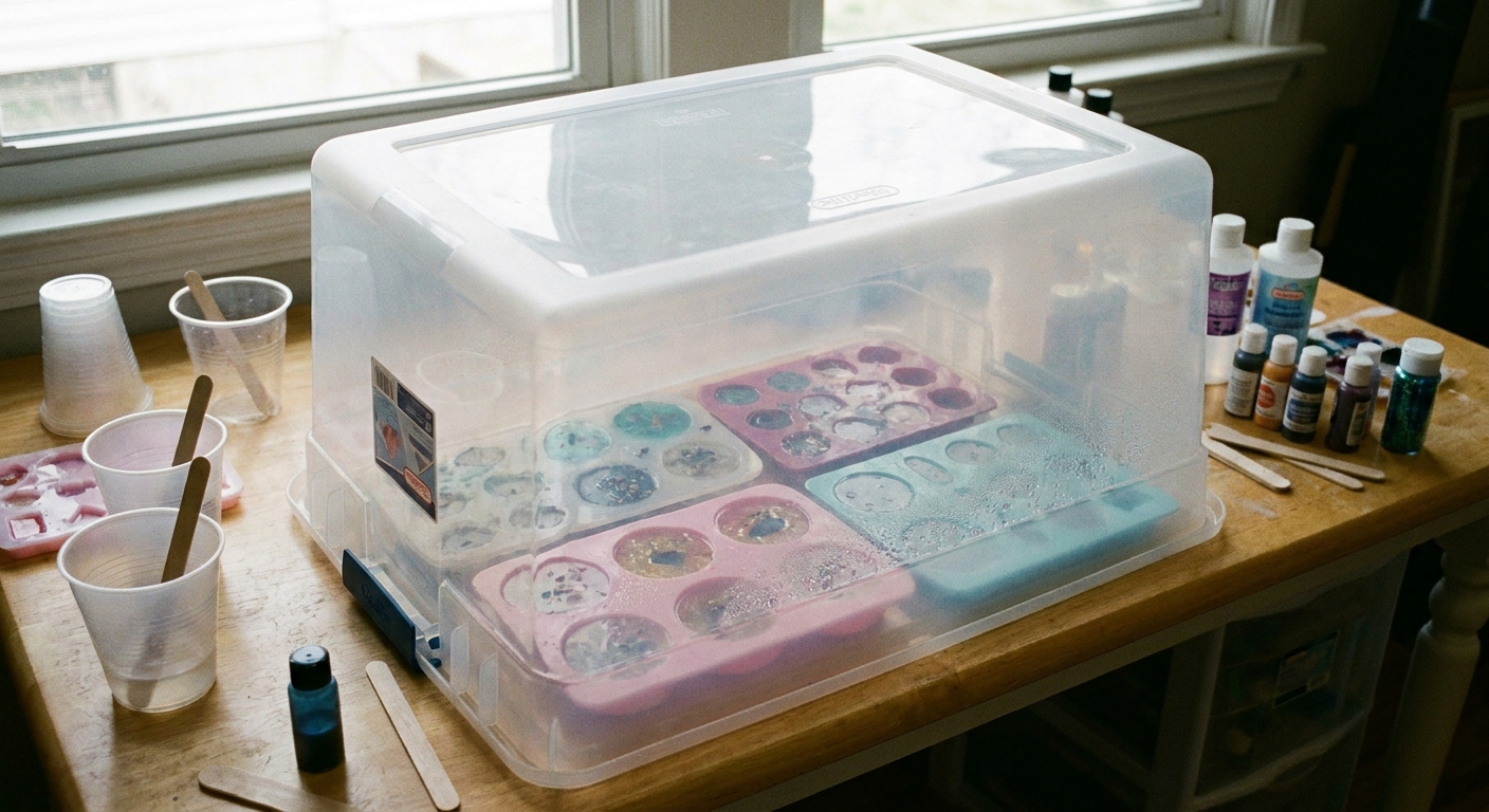 A photograph of resin molds on a craft table covered by a clear plastic storage bin used as a dust cover while curing