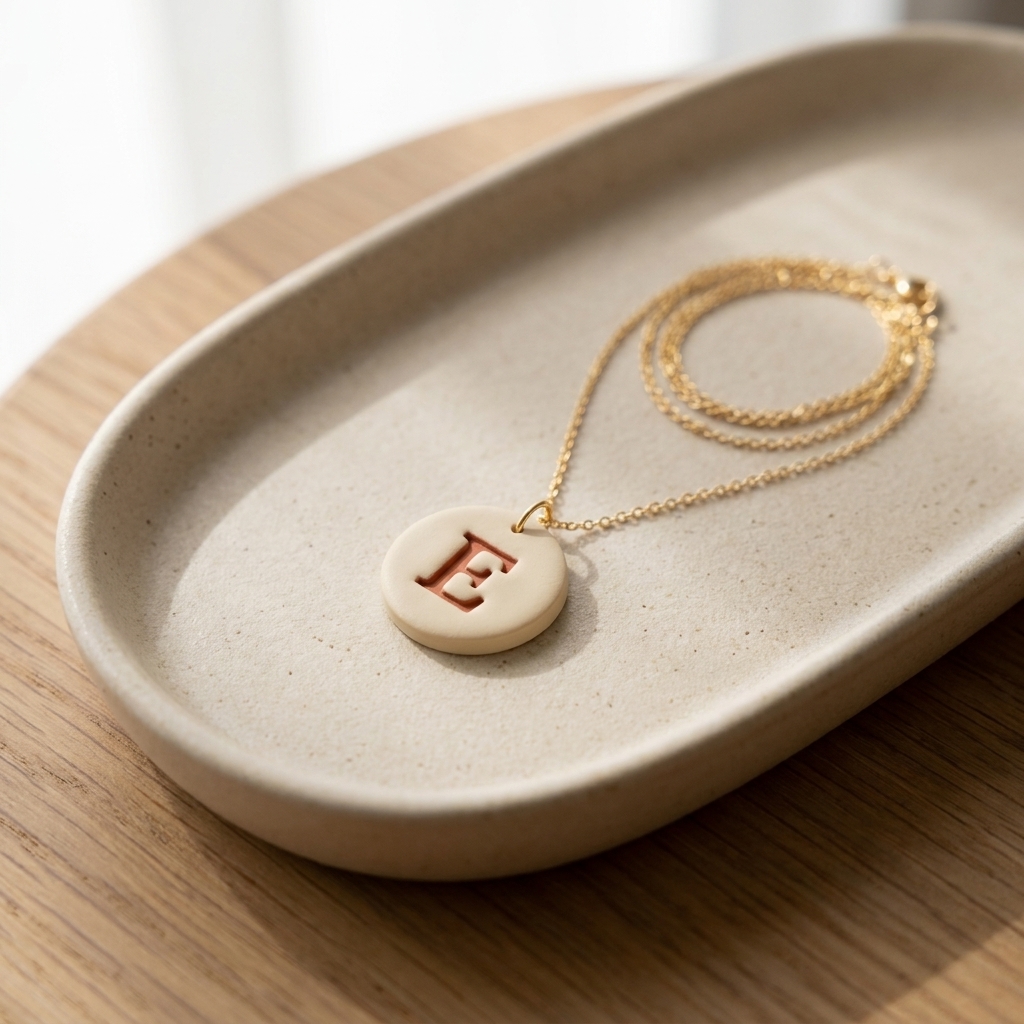 A polymer clay initial charm on a delicate gold chain necklace resting on a neutral jewelry tray in natural light