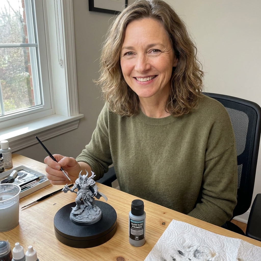 A primed tabletop miniature on a round base sitting on a hobby desk next to a paint brush and a small pot of primer