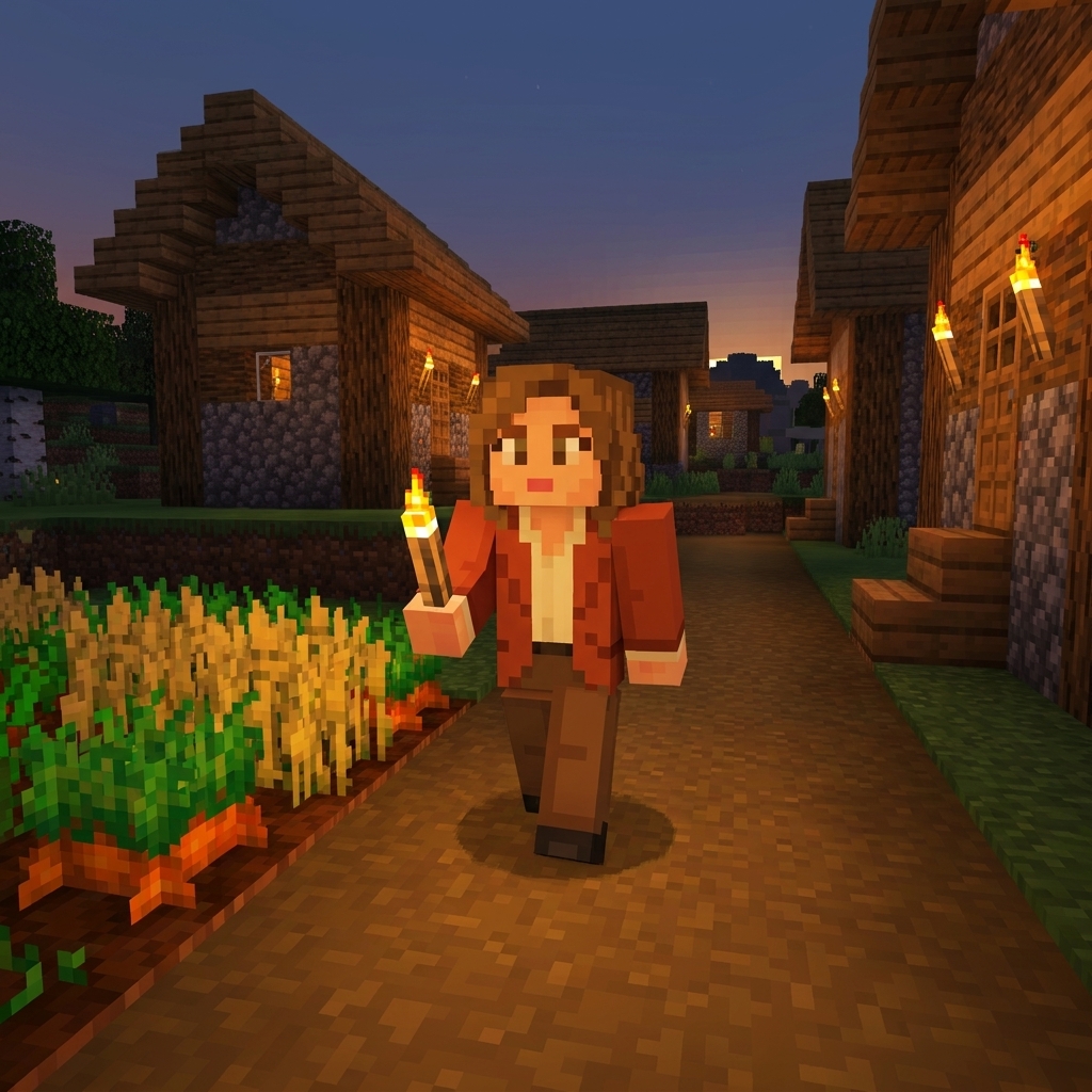 A quiet Minecraft village at dusk with warm torchlight, a small farm plot, and a player character walking slowly along a path