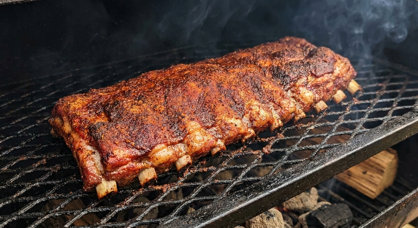 A rack of St. Louis style pork ribs cooking on a smoker grate with a reddish-brown rub crust forming