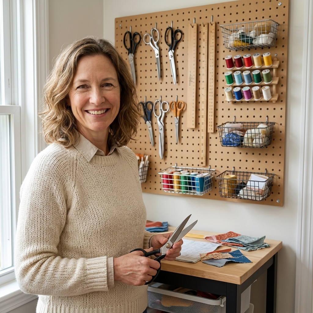 A real craft room wall with a mounted pegboard holding scissors, rulers, thread spools, and small wire baskets above a compact work surface